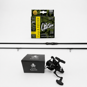 Zestaw Wędka Kraken Black Pearl Carp 11ft 3lbs 3cz + Kołowrotek Kraken Free Runner 4500 Wolny Bieg +  Żyłka MegaBAITS OBSESSION 2.0 Carp & FEEDER 300 m 0.30 mm/10.90 kg camou/4-kolor. jasna 