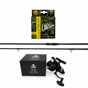 Zestaw Wędka Kraken Black Pearl Carp 12ft 360cm 3lbs 2cz + Kołowrotek Kraken Free Runner 4500 Wolny Bieg + Żyłka MegaBAITS OBSESSION 2.0 Carp & FEEDER 300 m 0.30 mm/10.90 kg camou/4-kolor. jasna 